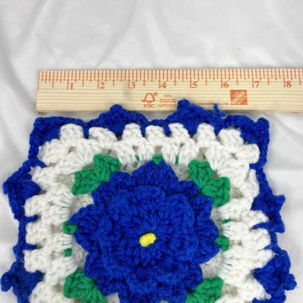 Handmade‎ Crochet Floral Square Blue White Granny Square Vintage Cottagecore